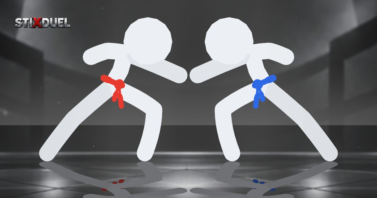 STIX Duel: two white stick fighters with a red and a blue belt squared up in the dark ring