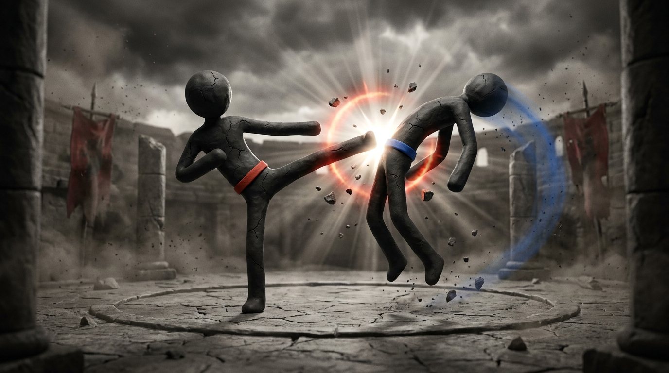 STIX Duel key art: two clay stick figures, one landing a roundhouse kick in a stone arena