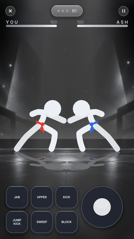 STIX Duel gameplay on a phone, dark ring: two stick figures with red and blue belts squaring up